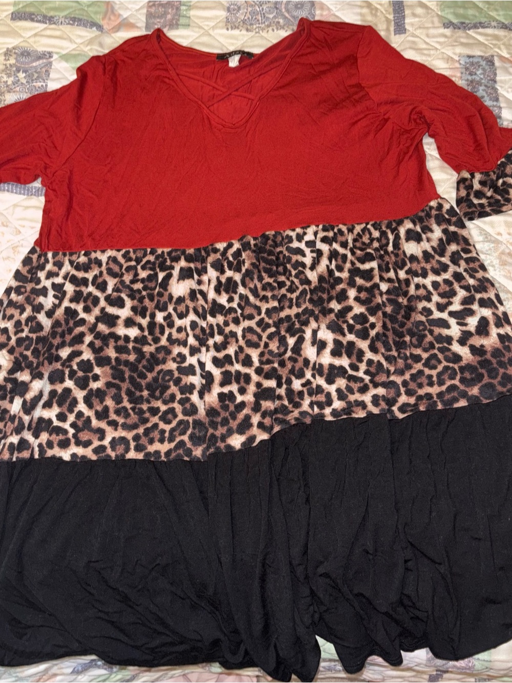 Red Leopard-Panel Tiered Midi Dress
